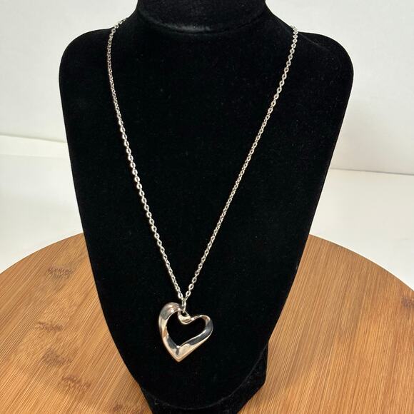 Silver Tone Heart Pendant Necklace Open Statement Retro Love Valentines Gift - Picture 1 of 8